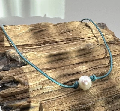 Aqua Green Leather Choker Necklace With White Cultured Pearl 16.5 Inch - Image 1 of 4