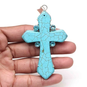 Pendant Tibetan Turquoise CrosGemstone Women'Unisex Silver Jewelry 3.75" - Picture 1 of 10
