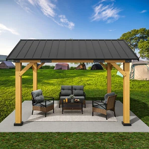 9x11' Pavilion Hardtop Roof Gazebo Steel Garden Canopy Cedar Spruce Wood Frame - Picture 1 of 10
