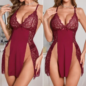 Lace Trim High Slit Sleeveless Babydoll Women Sexy Lingerie Chemise Sleep Dress - Picture 1 of 27