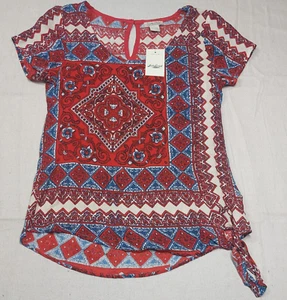 Lucky Brand Top Womens Size Small Red Side Tie Short Sleeve Keyhole Neck NEW - Picture 1 of 21