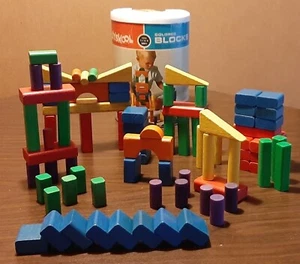 Vtg 1969 Milton Bradley Playskool Colored Wooden Blocks & Container ~ 82 Blocks - Picture 1 of 10