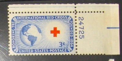 US 3c stamp SC #1016 International Red Cross MNH 1952 with plate number - Image 1 of 2