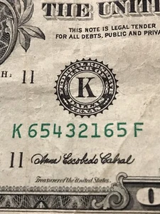 2006 $1 One Dollar Bill 6 5 4 3 2 1 Descending Ladder Repeater Note 65432165 - Picture 1 of 8