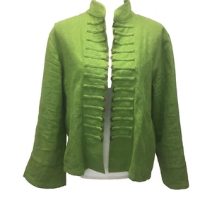  Peacock Ways L Green Linen Jacket Coin Trim Open Front  Art to Wear 46 in bust - Picture 1 of 7
