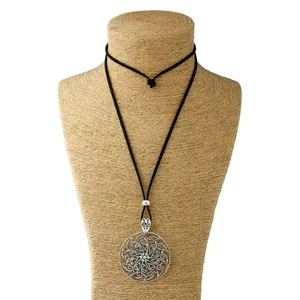 Large Statement Abstract Metal Flower Pendant on Long Suede Necklace Lagenlook - Picture 1 of 2