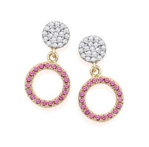 9ct Yellow Gold on Silver simulated RUBY & CZ Circle of Life Drop Stud Earrings - Picture 1 of 6