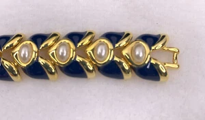 Bracciale Vintage Joan Rivers Oro Navy Finta Perla Link 7" Gioielli Moda Firmato - Foto 1 di 4