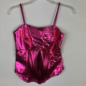 Yemaya INC Fucsia Spaghetti Strap Bodysuit Shiny Stretchy Clubwear Bars In Front - Picture 1 of 8
