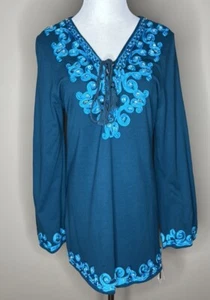 NEW INC womens long sleeved embroidered blouse blue with clear gemstones size XL - Picture 1 of 6