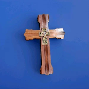 Handgefertigtes Vintage großes Holzkreuz mit Harzkreuz Jesuskind Maria Josef 18 Zoll - Bild 1 von 7