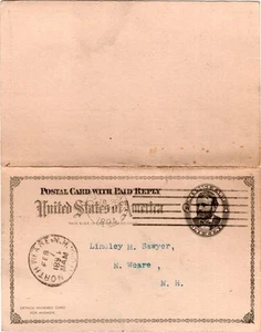 Pd reply postal card, Sc #UY1, preprinted, N Weare, NH receiver (DPO 1959), 1894 - Picture 1 of 1