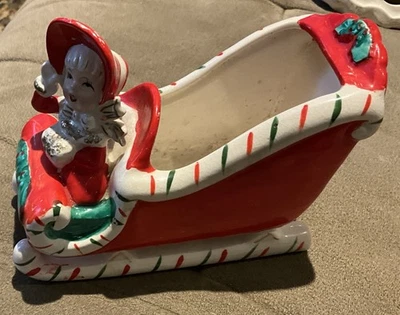 Vtg Relco Ceramic Christmas Figurine Planter Girl In Candy Cane Sleigh Excellent - Image 1 of 4