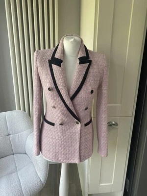 ZARA PINK TEXTURED TWEED BLAZER SIZE XS SMALL 6 8 BLACK TRIM DOUBLE BREASTED - Image 1 of 4