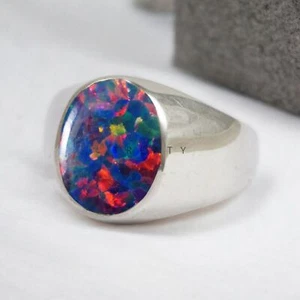Black Opal Oval Cut Gemstone With 925 Sterling Silver Ring For Men's #778 - Picture 1 of 6