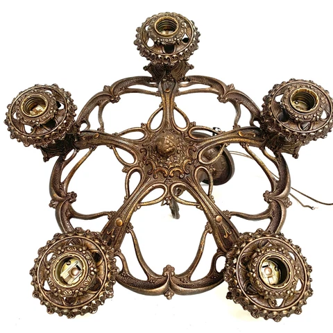 Antique Chandelier Complete Arts Crafts 1920s Five Light Cast Aluminum Rewired Cover