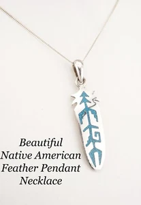 Sterling Silver Native American Turquoise Inlaid Feather Pendant and Chain - Picture 1 of 5