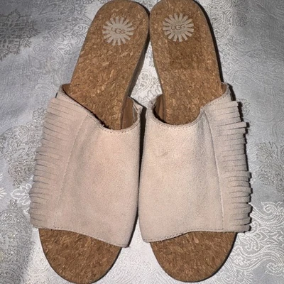 UGG Women’s Suede Fringe Cork Wedge Slide Sandals – Size 9 (EU 40) - Image 1 of 4