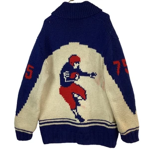 Vintage Football Wool Cowichan Knit Sweater Jacket XL 1970s Full Zip Handmade - Picture 1 of 3