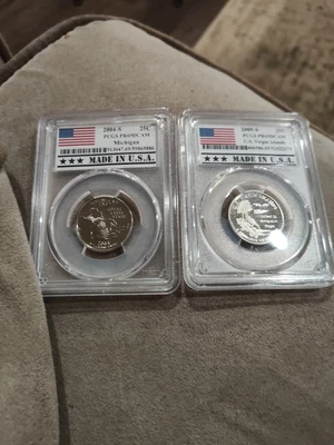 25 Cent Quarter Lot PCGS PR69dcam Both 2009 S Virgin Islands 2004 S Michigan - Image 1 of 3