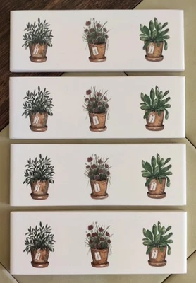 Lot (4 pieces) White Field Accent Potted Herbs Wall Tiles - Rosemary Chives Sage - Image 1 of 4