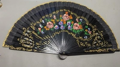 "Abanico de mano vintage pintado a mano de tela floral y madera lacada recortada 16"" firmado" Foto 1 de 2
