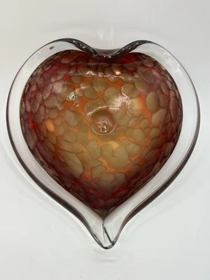 "Cenicero vintage con corazón de Murano grande rojo ámbar cobre vidrio artístico 9,5"" X 8,5""" Foto 1 de 4