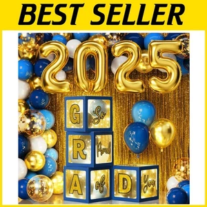 All-in-One Graduation Party Kit: 86PCS Blue & Gold with LED Lights and Balloons - Picture 1 of 9