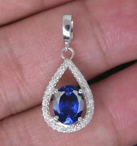 2Ct Oval Lab-Created Blue Sapphire Halo Pendant 14k White Gold Plated 18" Chain - Picture 1 of 6