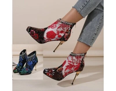 Botas cortas de tacón de aguja doradas bordadas estilo retro de moda para mujer Foto 1 de 4