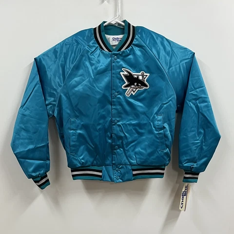vtg chalk line san jose sharks mens large teal satin jacket Cover