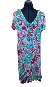 Vintage East Dress Medium Crinkle Floral Ruffle Below Knee Lined Size 14 - Picture 1 of 10