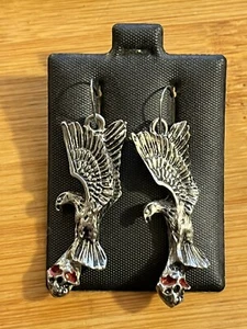 Earrings Dangle Vintage Gothic Heavy Metal 80’s Flying Eagle Bald Skull - Picture 1 of 1