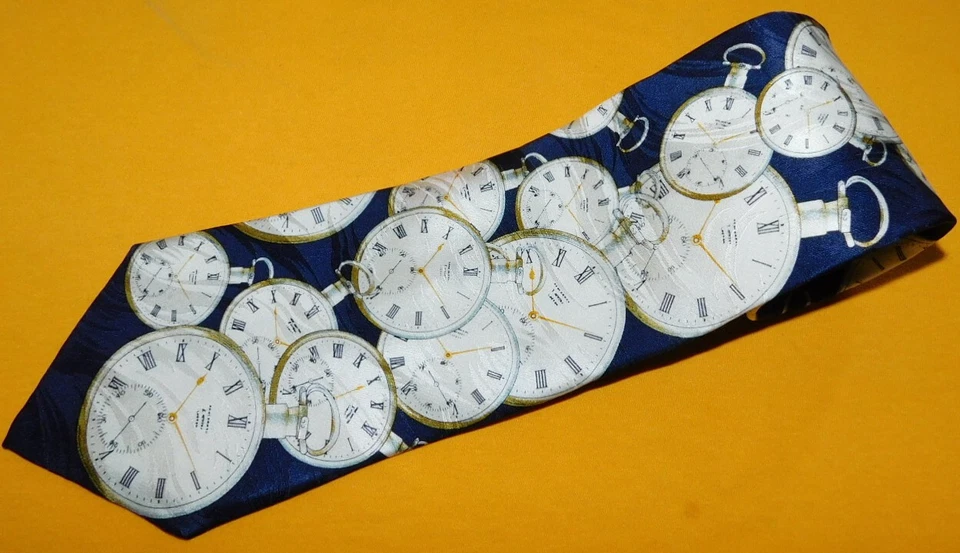 MUSEUM ARTIFACTS BLUE/WHITE POCKET WATCH MOTIF EXTRA LONG TIE - DESIGNER TIES. - Image 1 of 3