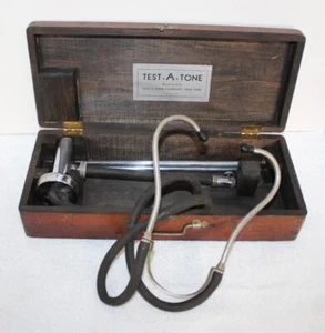 Antique Medical Scientific Test-A-Tone Tuning Fork Stethoscope in Dovetail Case - Picture 1 of 13