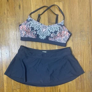 Kona Sol Bathing Suit Sz M Grey Ponk 2 Pc Tankini Halter Top Swim Skirt Paisley - Picture 1 of 7