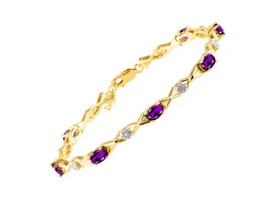 RYLOS Tennis Bracelet, 6x4mm Gemstones & Diamonds, Gold Plated Silver, 7-8". - Image 1 of 4
