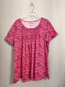 Woman Within T-Shirt Top Women L 18/20 Pink Short Sleeve Gathered Striped Casual - Picture 1 of 17