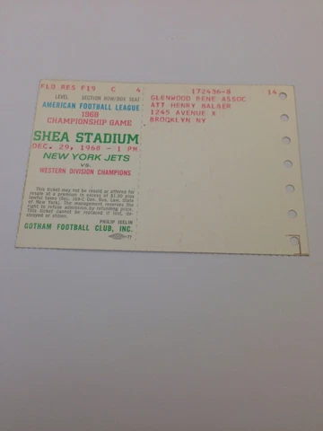 VINTAGE 1968 AFL CHAMPIONSHIP TICKET NEW YORK JETS OAKLAND RAIDERS Cover