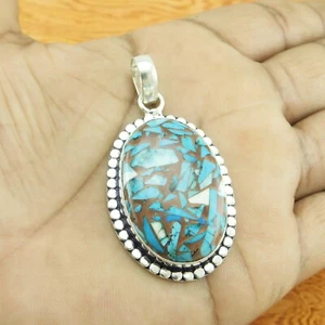 Blue Copper Turquoise Gemstone 925 Sterling Silver handmade Pendant 2.10" M944 - Picture 1 of 4