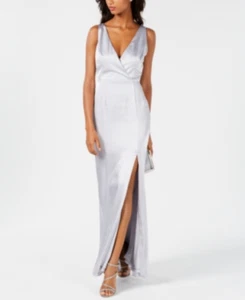 Adrianna Papell Textured Silver V-Neck Satin Slit Gown Dress 0 $159 - Picture 1 of 3