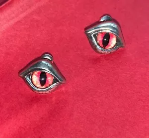 Demon Eye Stud Earrings Alchemy Gothic Red Glass Devil Eyes Fine English Pewter - Picture 1 of 5