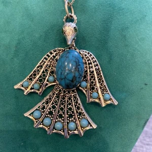 Vtg Large Phoenix Peacock Thunderbird Faux Turquoise Pendant Necklace 18” A6 - Picture 1 of 5