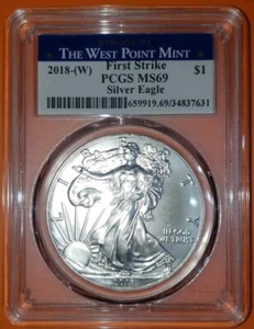 2018-(W) Silver Eagle Dollar PCGS MS69 First Strike West Point Label - Picture 1 of 2