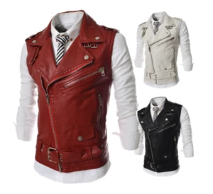Gilet da uomo senza maniche stile biker classico con cintura punk gilet in vera pelle - Foto 1 di 12