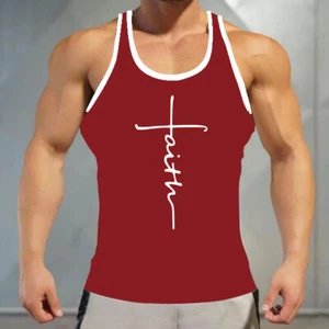 Mens Vest Red Faith Cross Graphic Muscle Sleeveless Workout GYM Red Athletic Tee - Picture 1 of 1