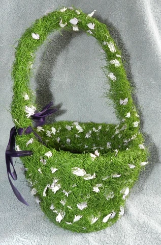 Metal wire basket w/ plastic grass/rabbits, purple bow, handle moves, 10.5"H Cover