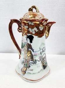 Antike japanische Kutani Geisha Geschirr Tee Schokolade Kaffeekanne rot orange Rand - Bild 1 von 8