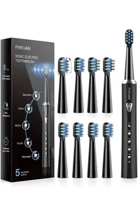 Phylian Sonic Electric Toothbrush Oral Black 8 heads 5 Modes Rechargeable NEW