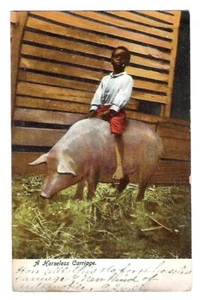 c1906 Illustrated Postcard Young Boy Riding a Hog "A Horseless Carriage" - Picture 1 of 2